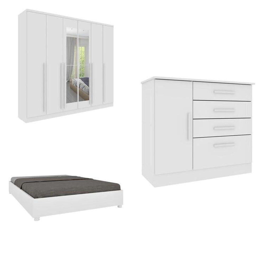 CONJUNTO GUARDA ROUPA CASAL COM PUXADOR MDF COM ESPELHO CAMA CASAL MONACO E CÔMODA ESPRESSO MÓVEIS Neve/Neve