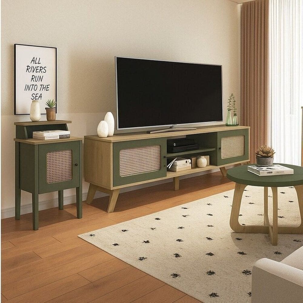 Kit 3 Peças com Rack para Tv até 75 Polegadas Mesa de Centro e Mesa de Apoio Charlotte Carvalho/Menta