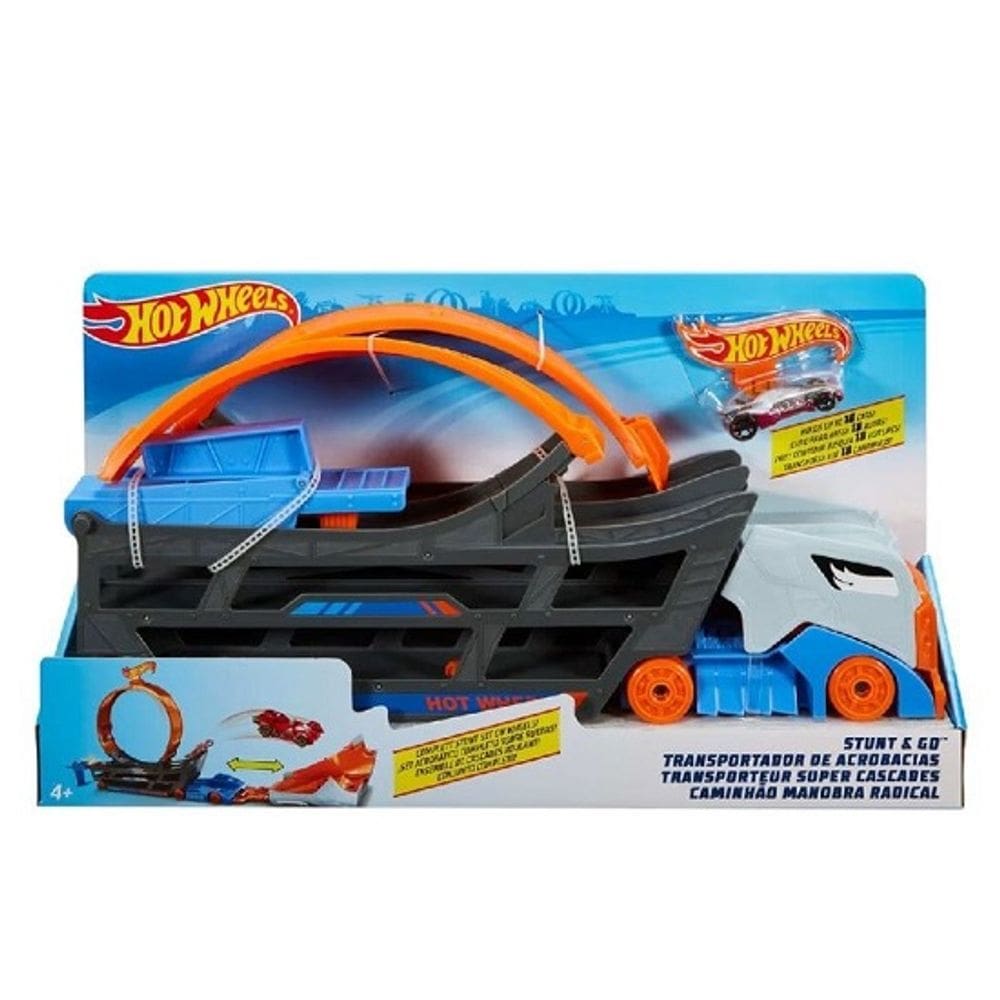 Hot Wheels City Caminhão Pista Acrobacias Stunt & Go Vem C/ 1 carrinho - Transporta ate 18 carrinhos - Mattel