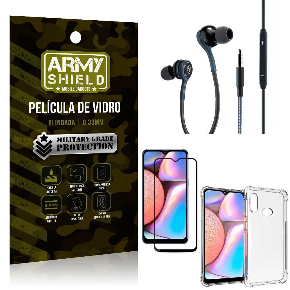 Kit Galaxy A10S Fone Extreme+Capa Anti Impacto+Película 3D H