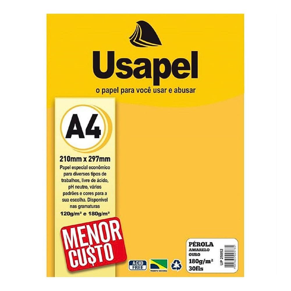 Papel A4 Pérola Perolado Amarelo Ouro 180g/m² 30 Folhas Usapel | Perolado | Convites | Cartões | Artesanato