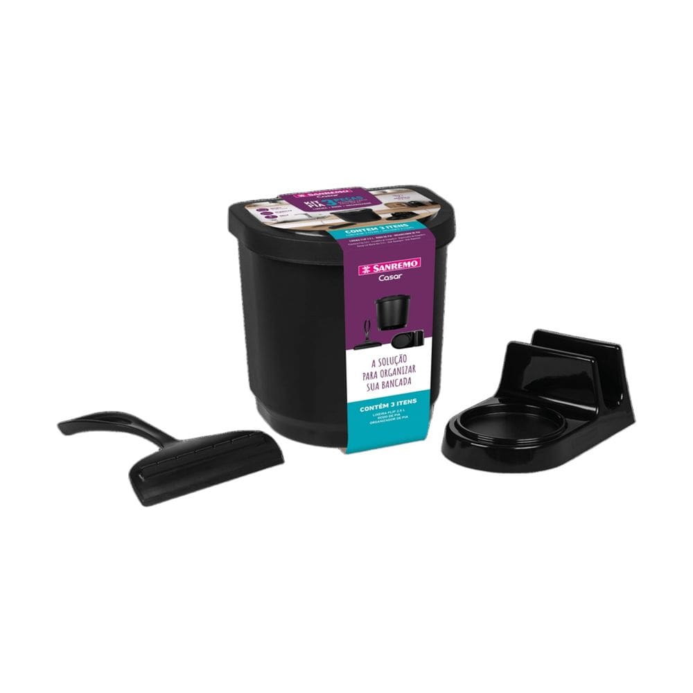 Kit Pia Lixeira Rodo Organizador Preto Detergente Bucha