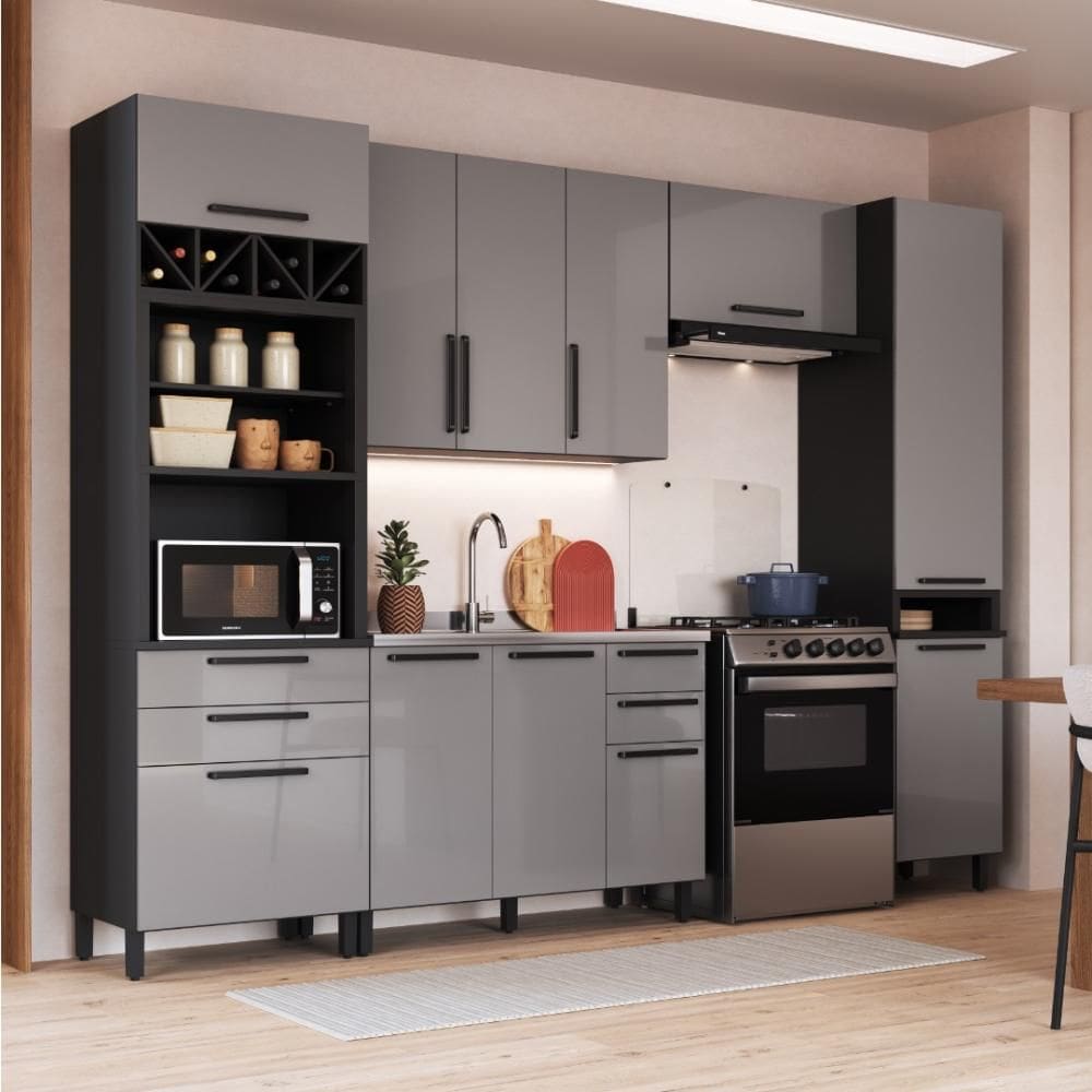 Cozinha Modulada Completa Fidelitá Mônaco 5 Peças 320cm 11 Portas 4 Gavetas Sem Tampo Cinza/Titânio