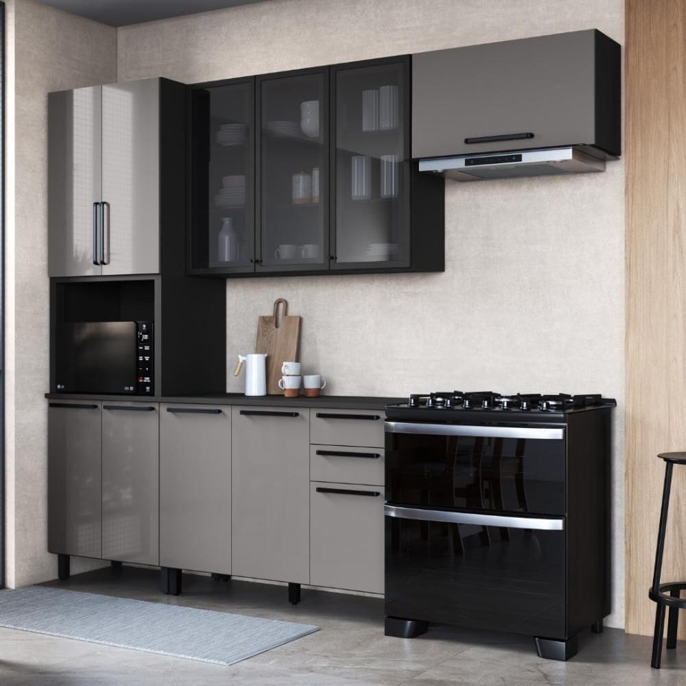 Cozinha Modulada Compacta Fidelitá Mônaco 4 Peças 270cm 11 Portas 2 Gavetas Com Tampo Cinza/Titânio