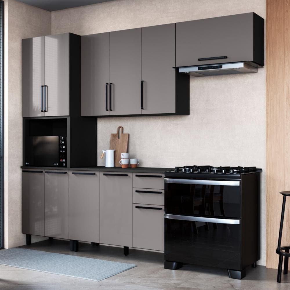 Cozinha Modulada Compacta Fidelitá Mônaco 4 Peças 270cm 11 Portas 2 Gavetas Com Tampo Cinza/Titânio
