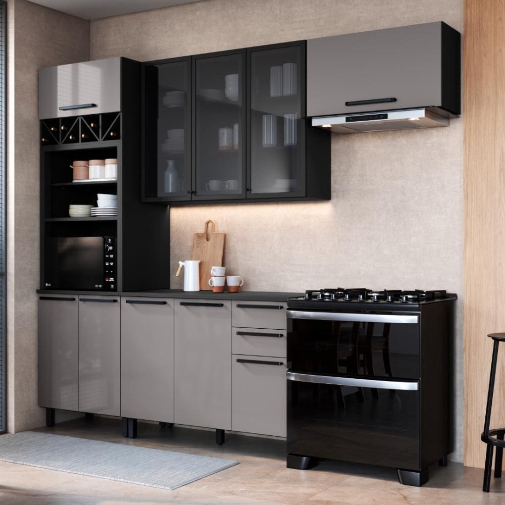 Cozinha Modulada Compacta Fidelitá Mônaco 4 Peças 270cm 10 Portas 2 Gavetas Com Tampo Cinza/Titânio