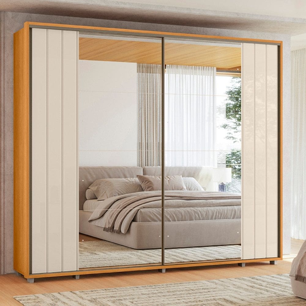 Guarda Roupa Casal Ripado em MDF 2 Portas de Correr com Espelhos e Pés Dali Madetec