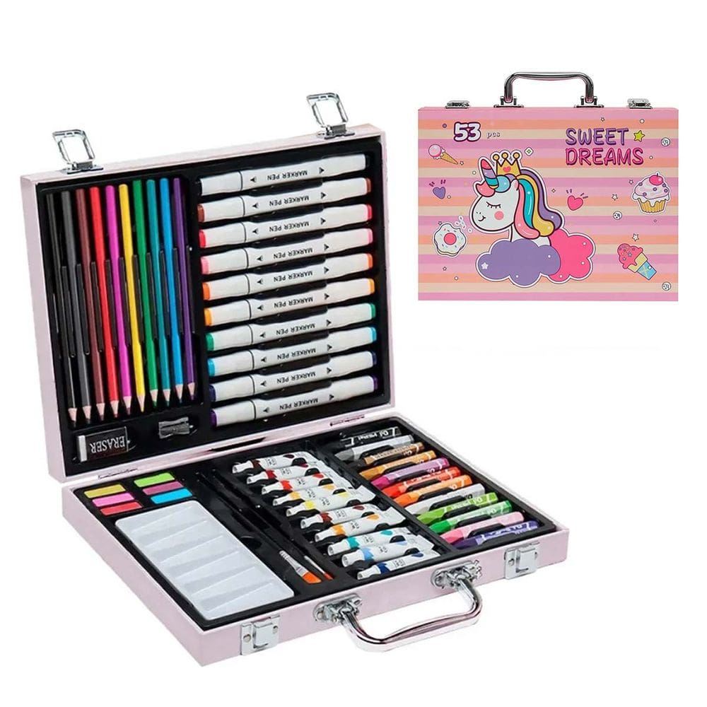 Maleta de Pintura Infantil Criança Estojo 53 Peças Tinta Pincel Canetinha