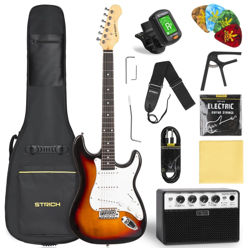 Guitarra elétrica STRICH SST-S10 tamanho completo com amplificador de 10W e acessórios