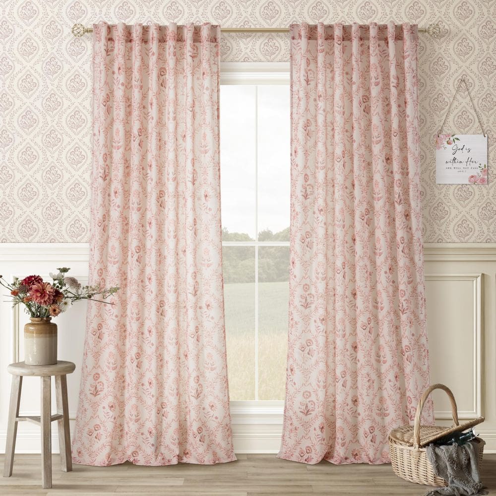Cortinas TWOPANELS, linho floral rosa, 300 cm, conjunto de 2 painéis