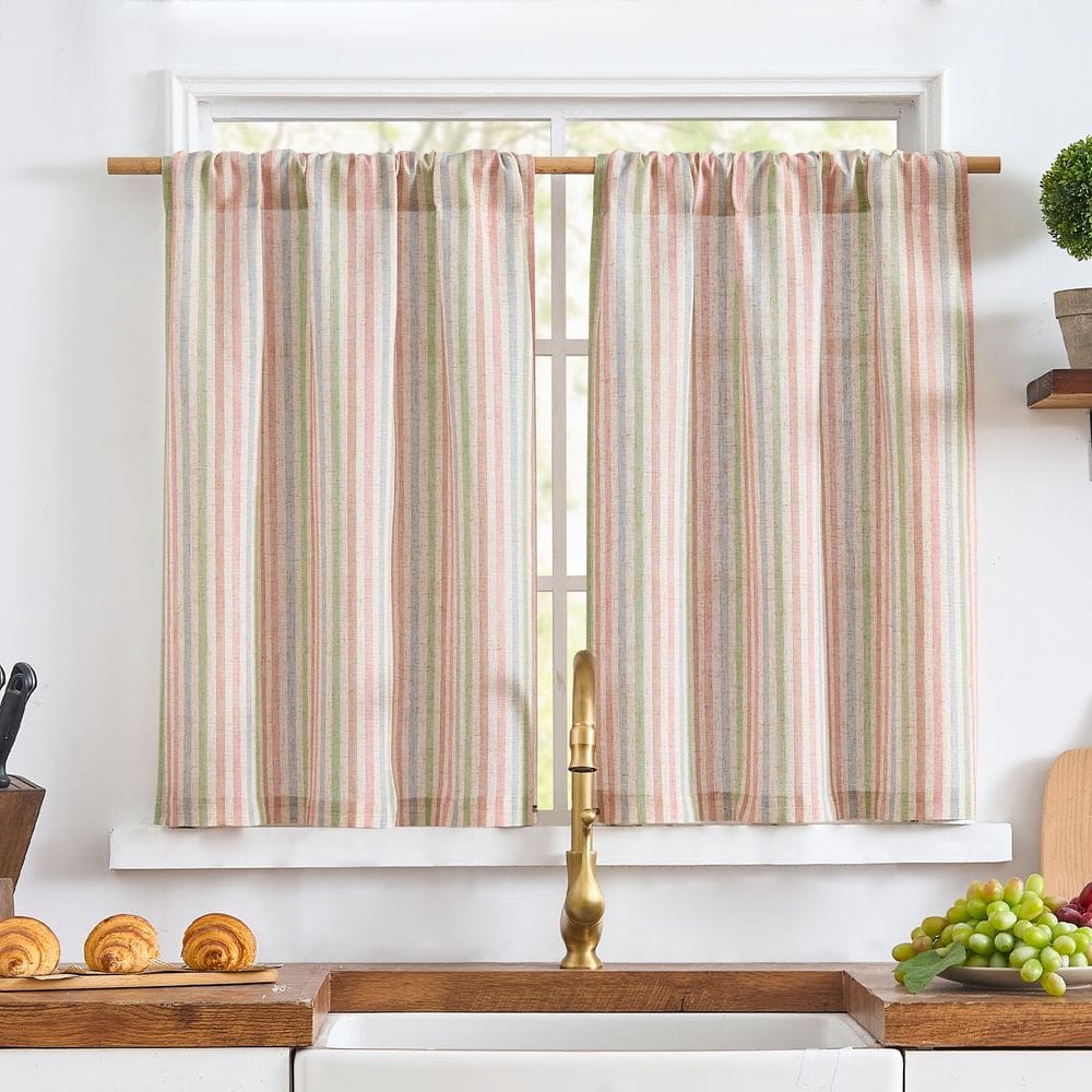Cortinas de cozinha: linho listrado jinchan, 76 cm de comprimento, 2 painéis