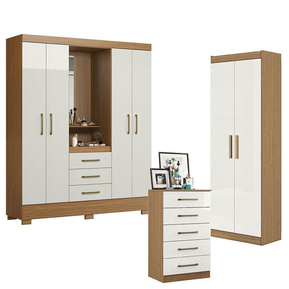 Guarda Roupa Solteiro Paris 2045150 com Armário Multiuso 2 Portas 2000191 e Cômoda 5 Gavetas 2014140 Atacama Off White - Aramóveis