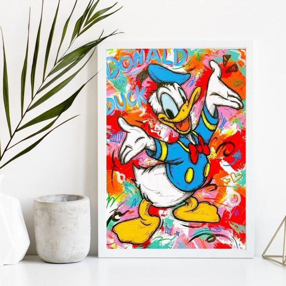Quadro Decorativo Pato Donald 24X18Cm Vidro Moldura Branca
