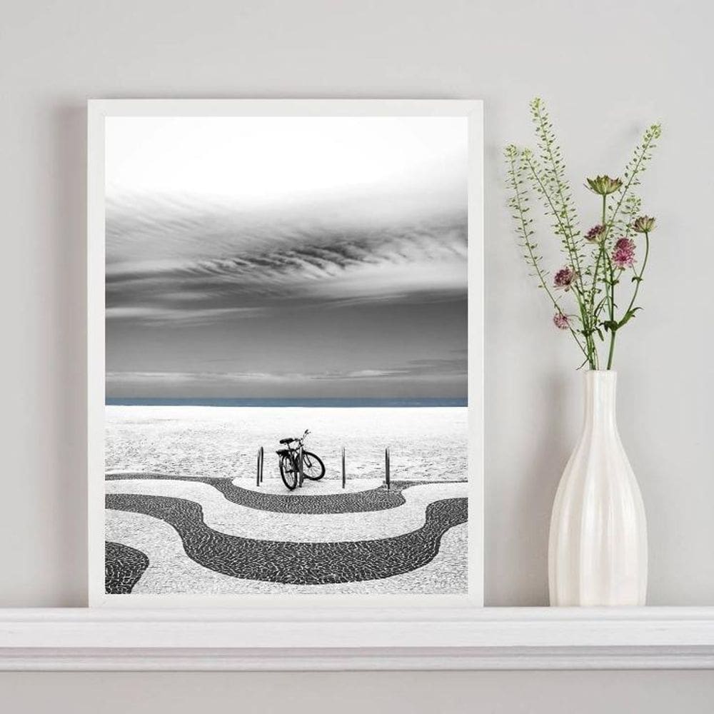 Quadro Rio Janeiro Bicicleta Copacabana 24X18Cm Moldura Pret