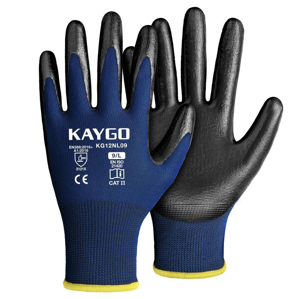 Luvas de trabalho KAYGO KG12N revestidas com nitrilo 12 pares para homens azuis L