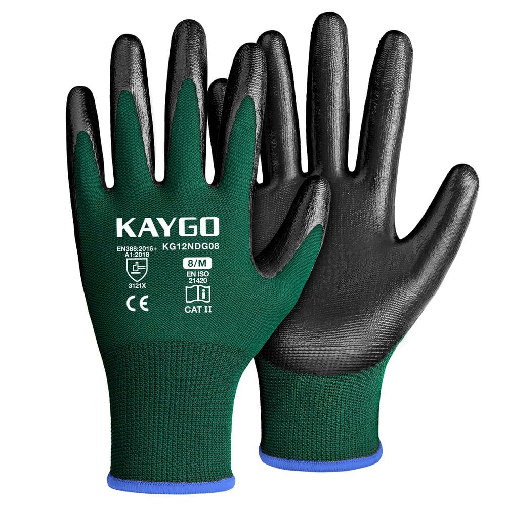 Luvas de trabalho KAYGO KG12N revestidas com nitrilo 12 pares, tamanho M, verde
