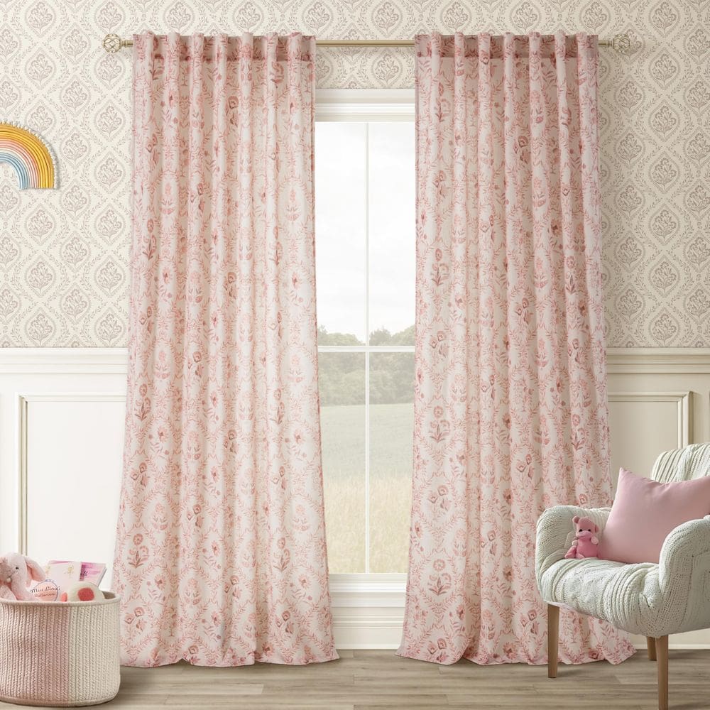 Cortinas TWOPANELS, rosa, floral, 229 cm de comprimento, linho, conjunto de 2 painéis