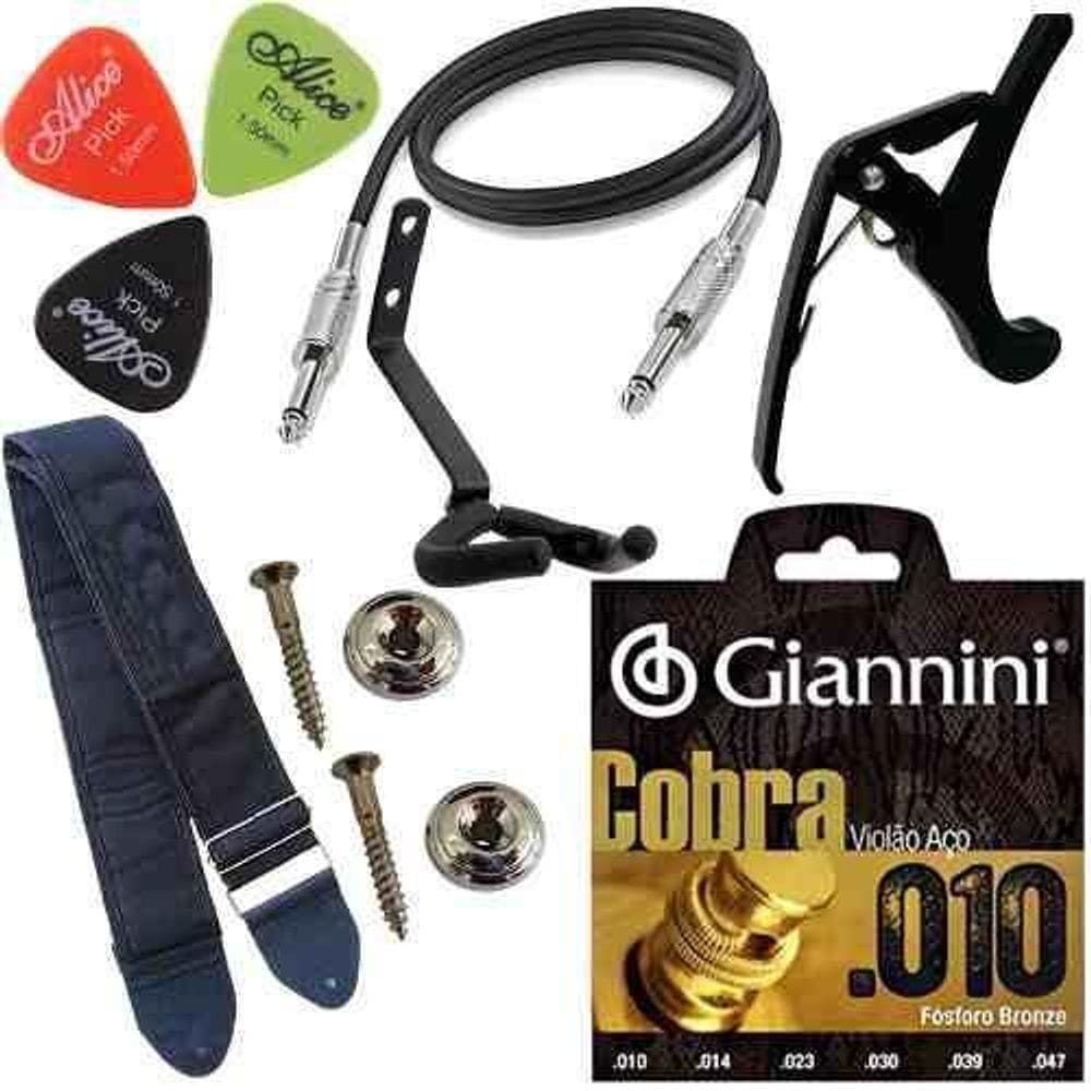 Kit Acessórios Violão Com Correia Capotraste Cabo Cordas