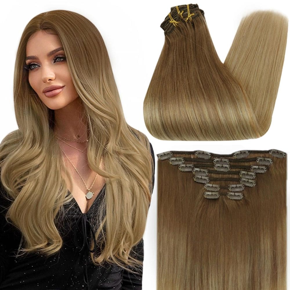 Extensões de cabelo de brilho total, marrom dourado a loiro sujo, 40 cm