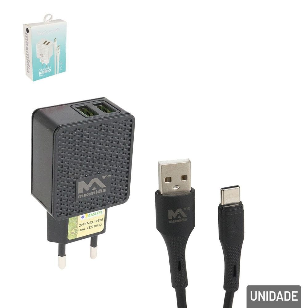 Carregador Tipo-c 2 USB 3,6A Turbo Preto - Tudo em Caixa