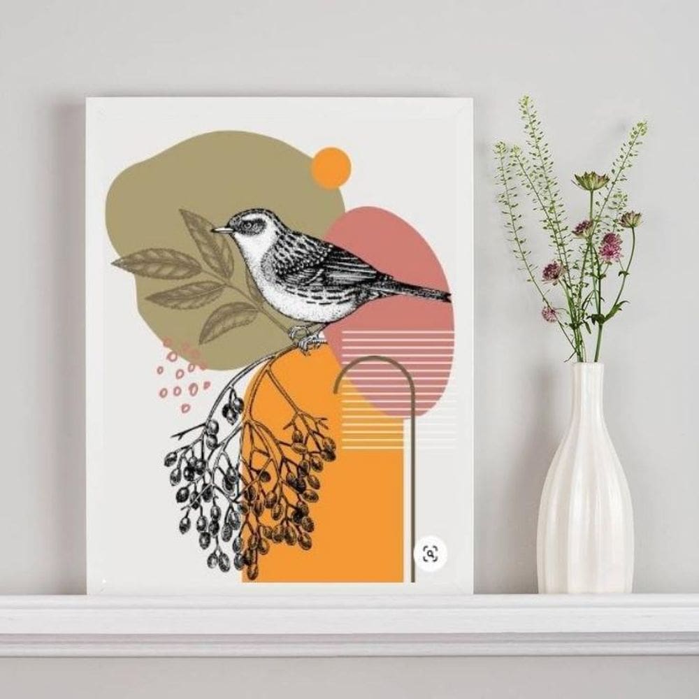 Quadro Aquarela Abstrato Passarinho 24X18Cm Vidro Moldur