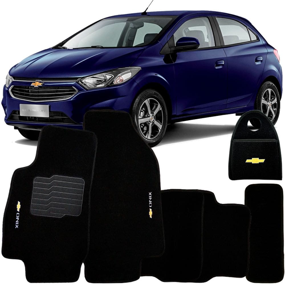 Jogo Tapete Automotivo Carpete + Lixeira Onix 2018 à 2019 Soft Logo Bordado Preto 6 Peças