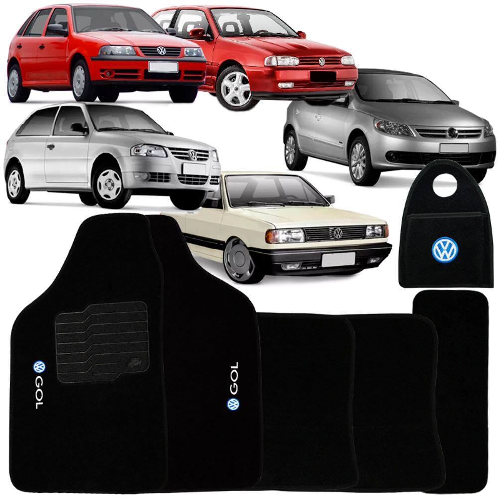 Jogo Tapete Automotivo Carpete + Lixeira Gol G3 2000 à 2005 Soft Logo Bordado Preto 6 Peças
