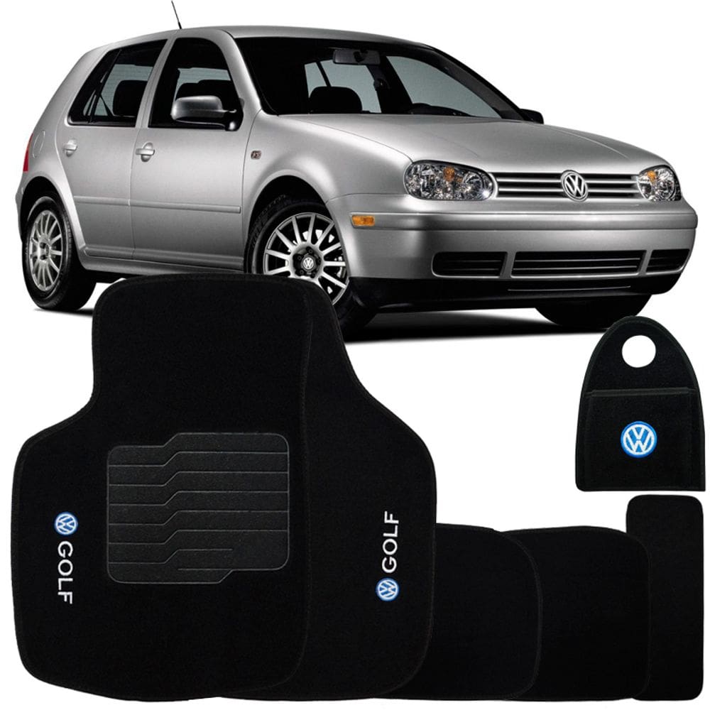 Jogo Tapete Automotivo Carpete + Lixeira Vw Golf 1999 à 2001 Soft Logo Bordado Preto 6 Peças