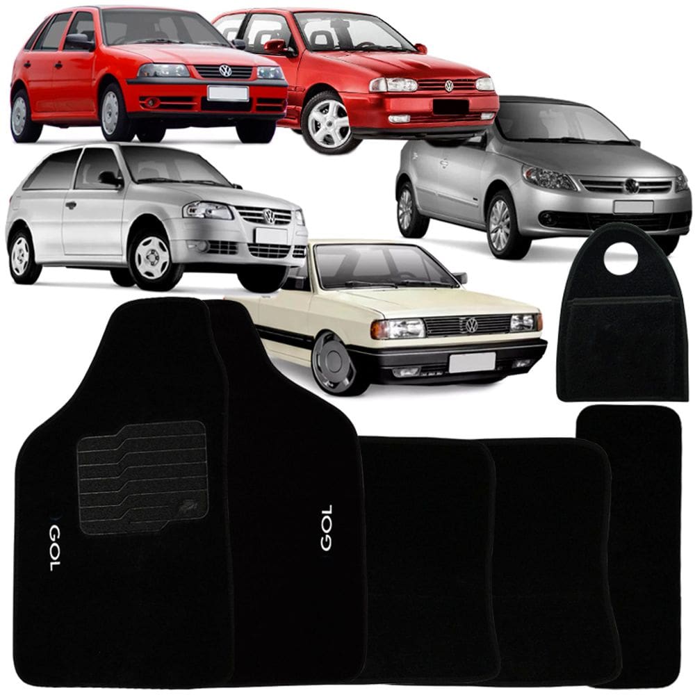 Jogo Tapete Automotivo Carpete + Lixeira Gol Quadrado G2 G3 G4 G5 80/13 Soft Logo Preto 6 Peças