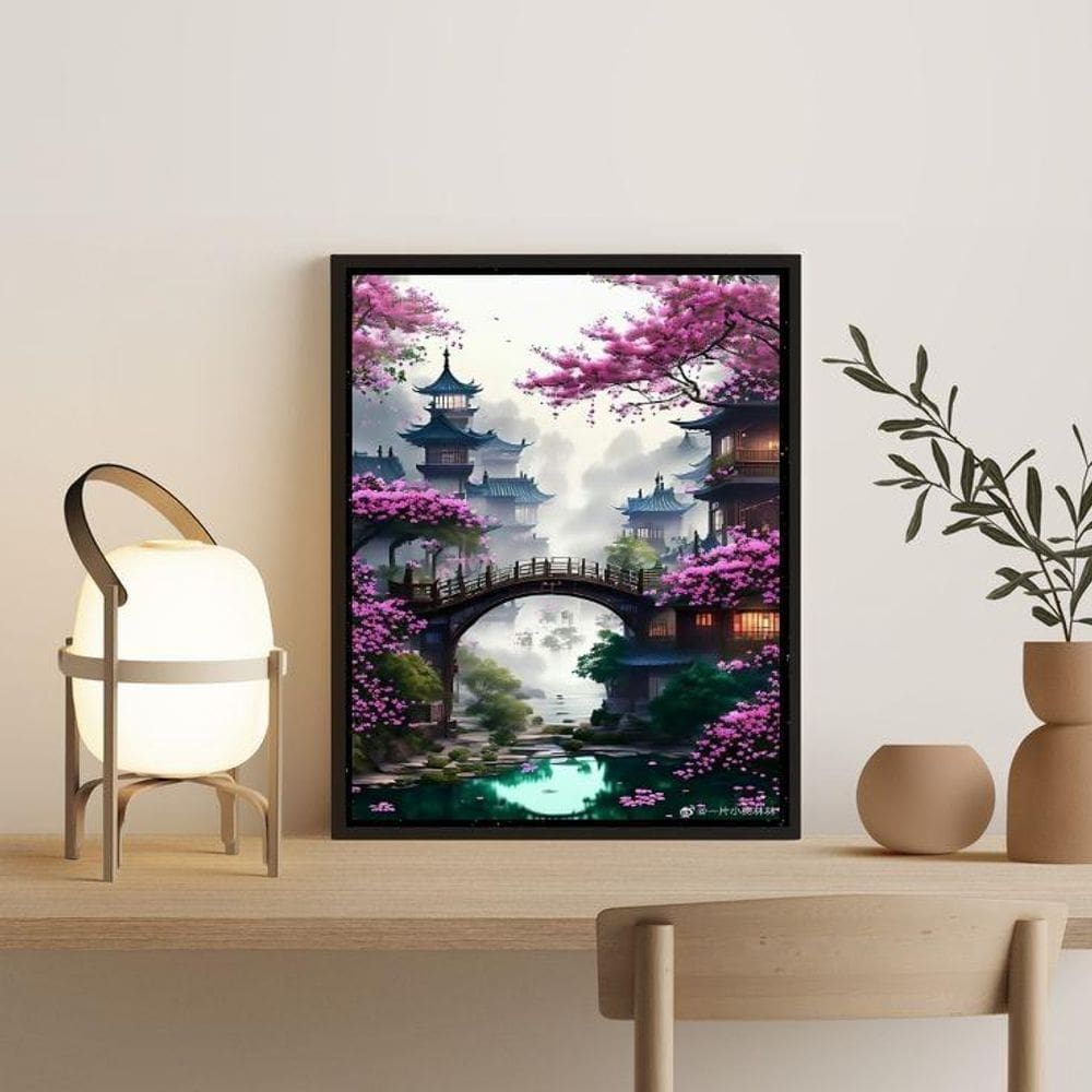 Quadro Decorativo Paisagem Japão 45X34Cm Vidro Moldura Pre