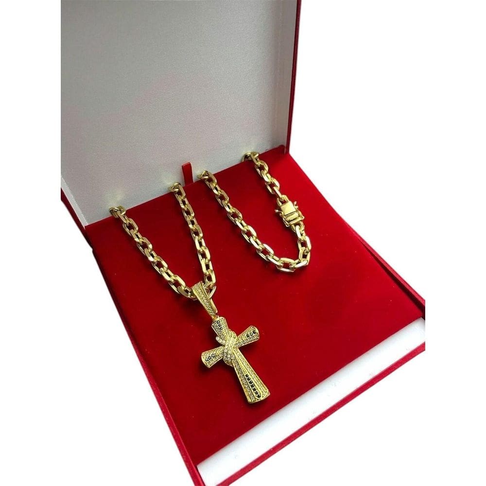 Cordão Cadeado 10Mm + Pingente Cruz Cravejada Banhado A Ouro