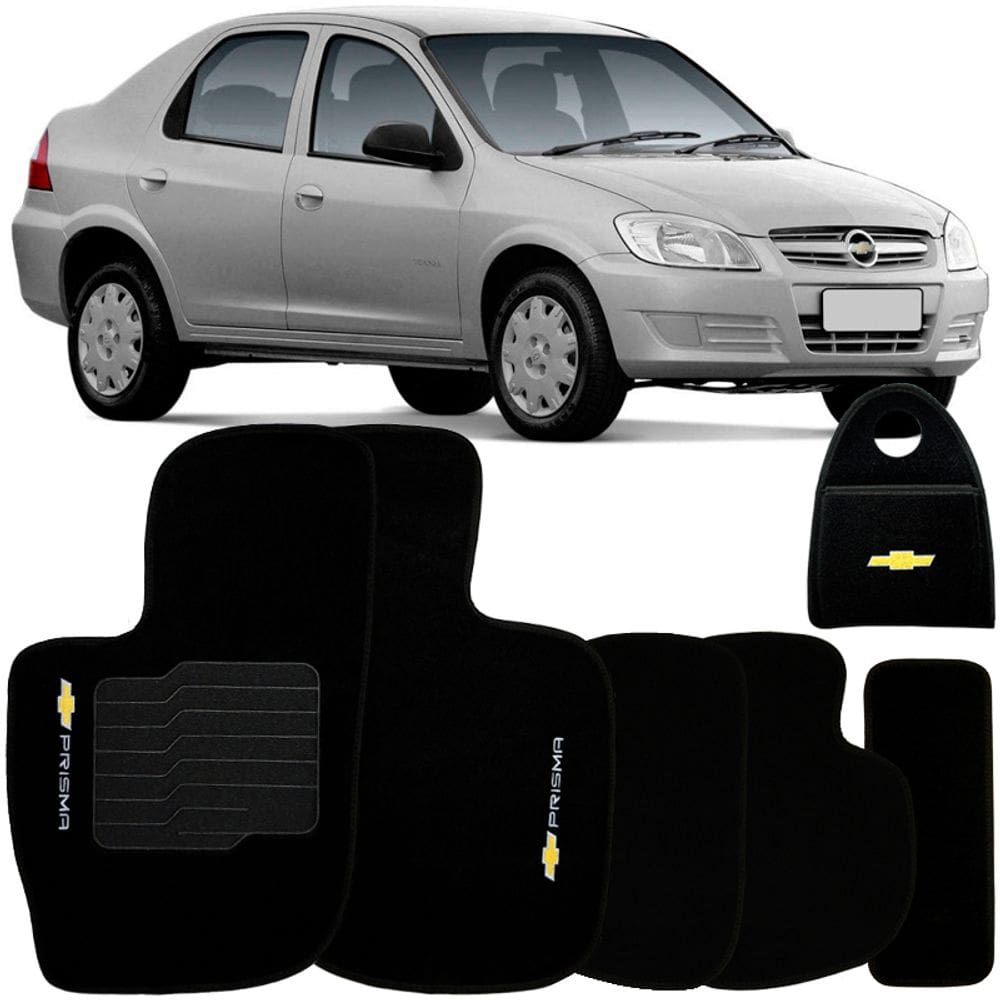 Jogo Tapete Automotivo Carpete + Lixeira Prisma 2006 à 2012 Soft Logo Bordado Preto 6 Peças