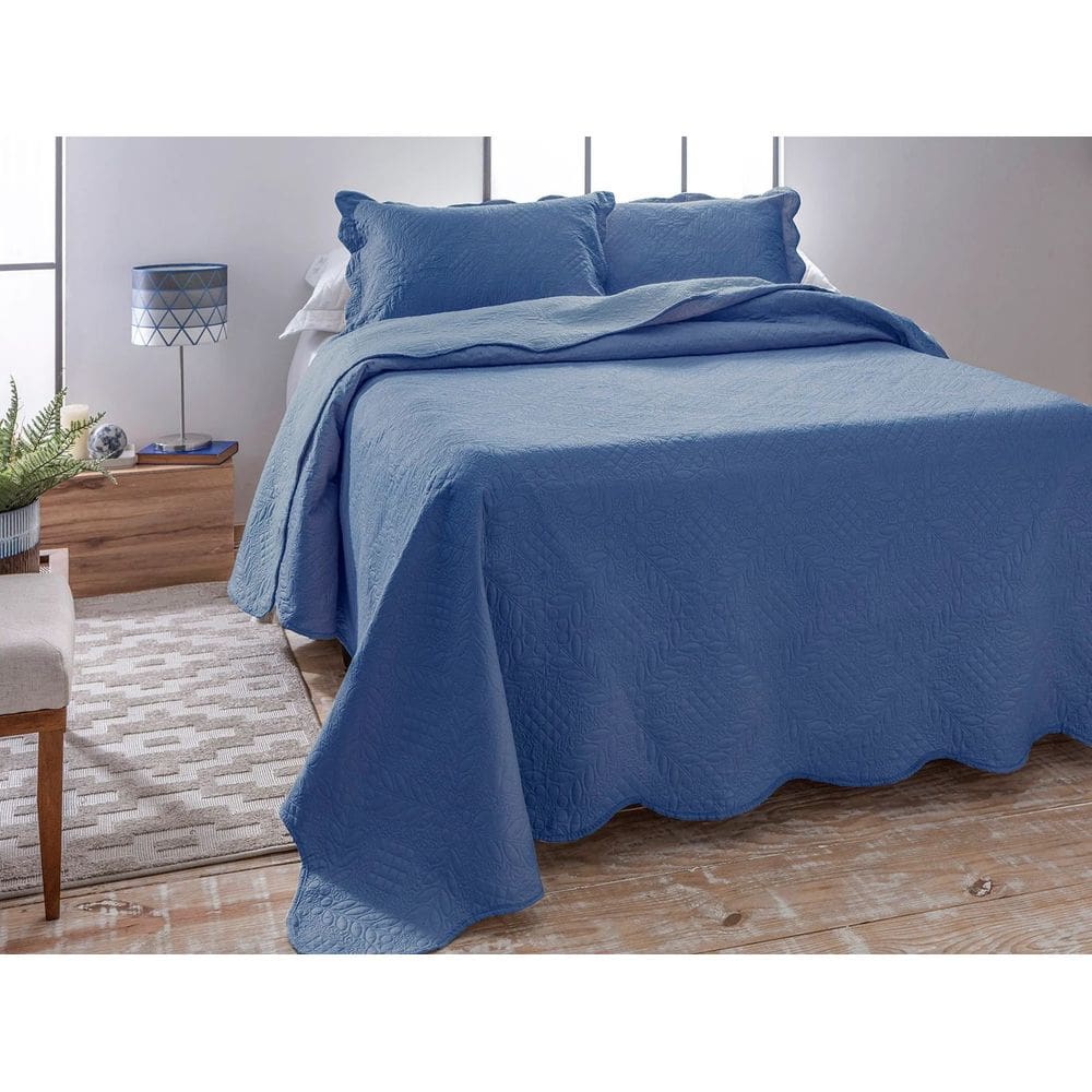 Jogo Colcha Cobre Leito Lisa Dupla Face Ultrasonic - Jolitex - Azul Indigo - Casal