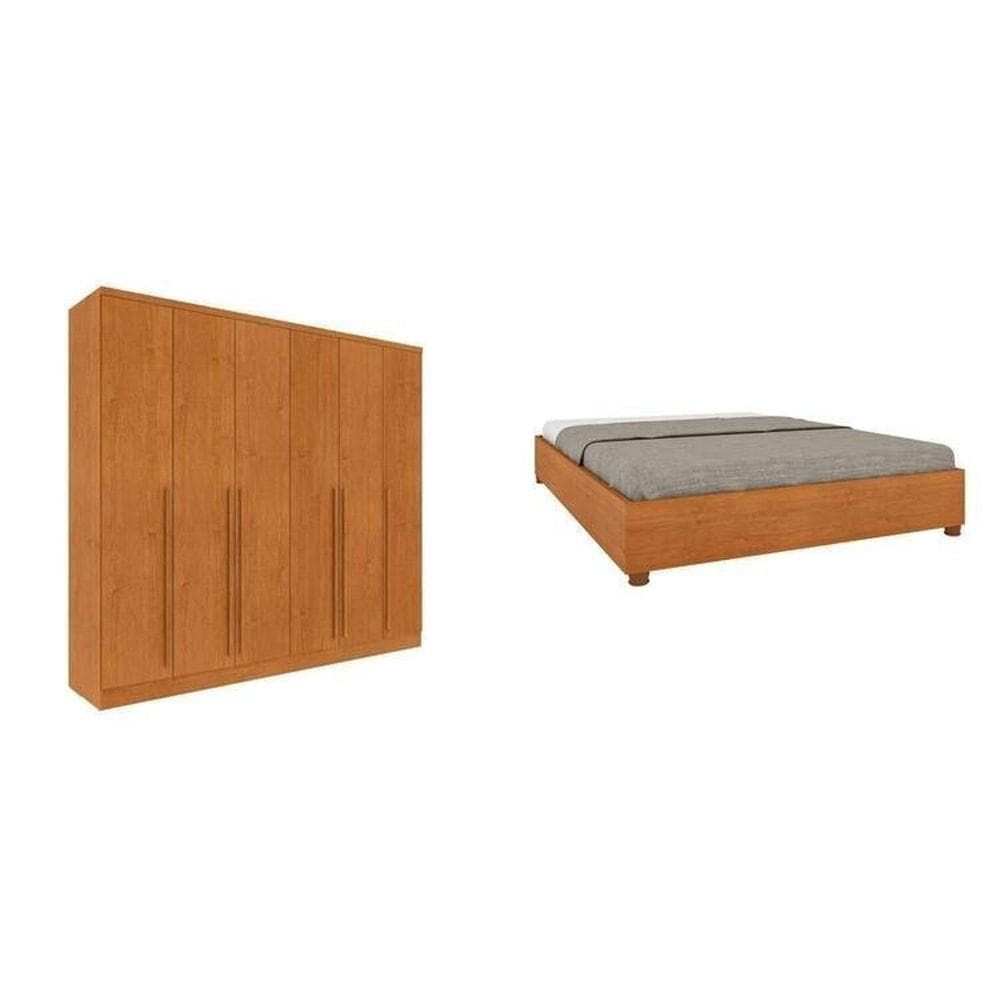 Conjunto Guarda Roupa Casal 6 Portas e Cama Casal Mônaco Espresso Móveis Cinamomo/Cinamomo