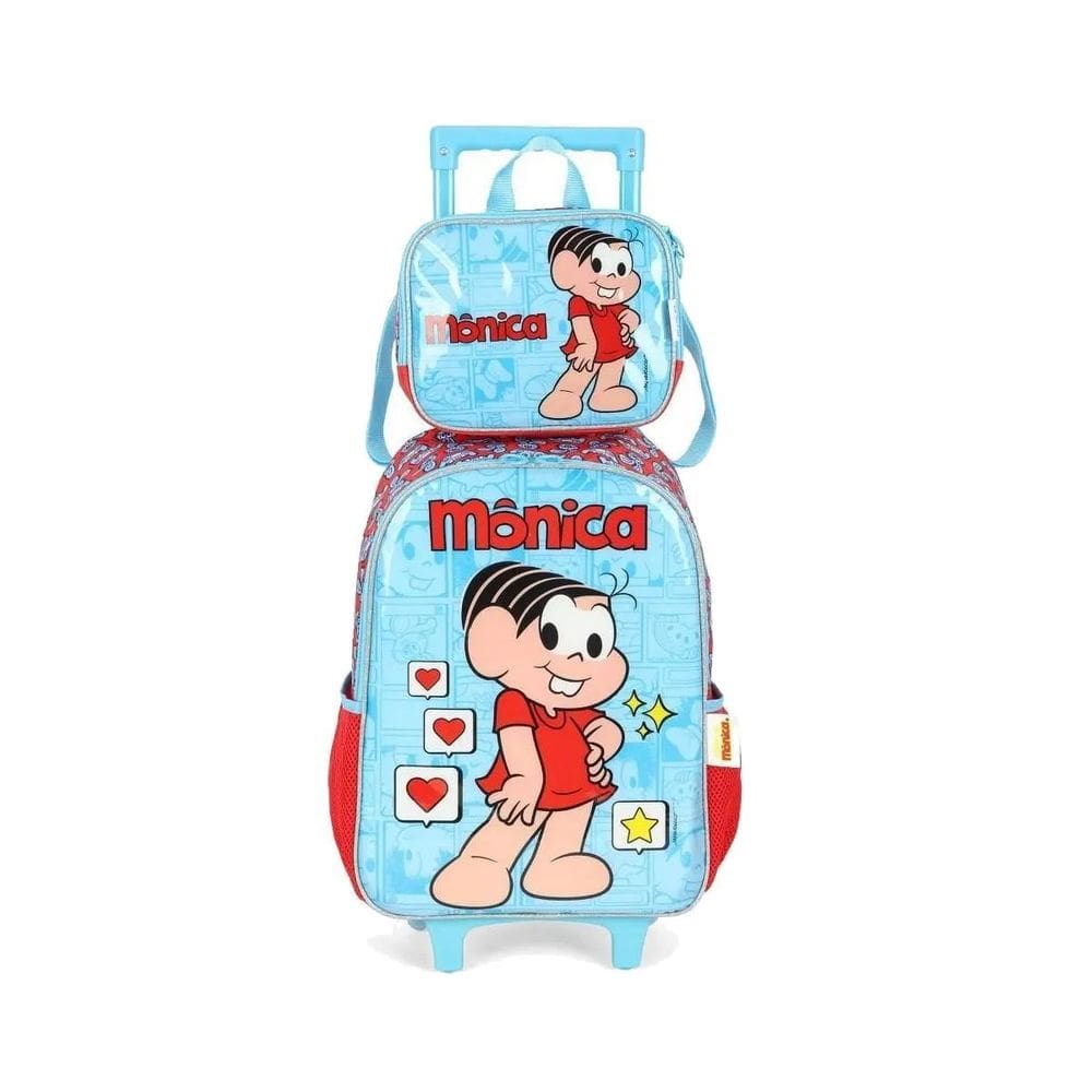 Kit Mochila De Rodinha + Lancheira Turma Da Mônica Azul