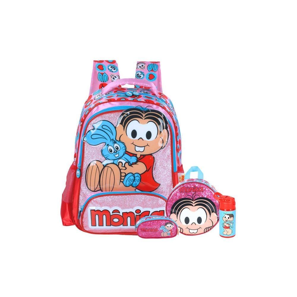 Kit Turma Da Monica Mochila Lancheira Estojo Garrafa - Rosa