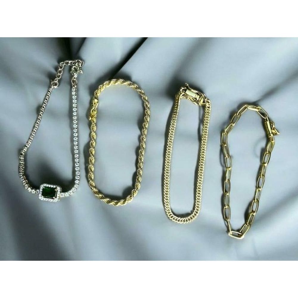 Kit Feminino Pulseiras 3Mm + Pedra Verde Banhado A Ouro