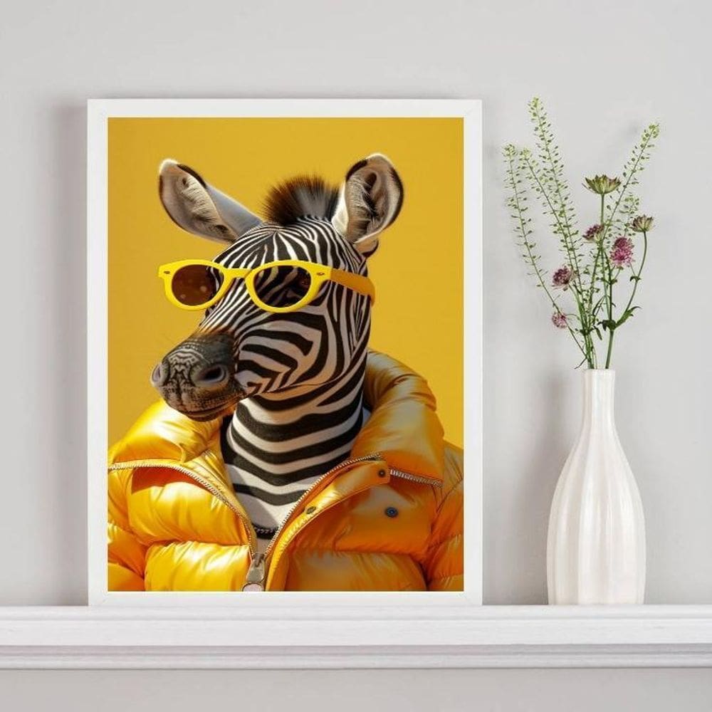 Quadro Zebra Fashion De Óculos Amarelo 45X34Cm