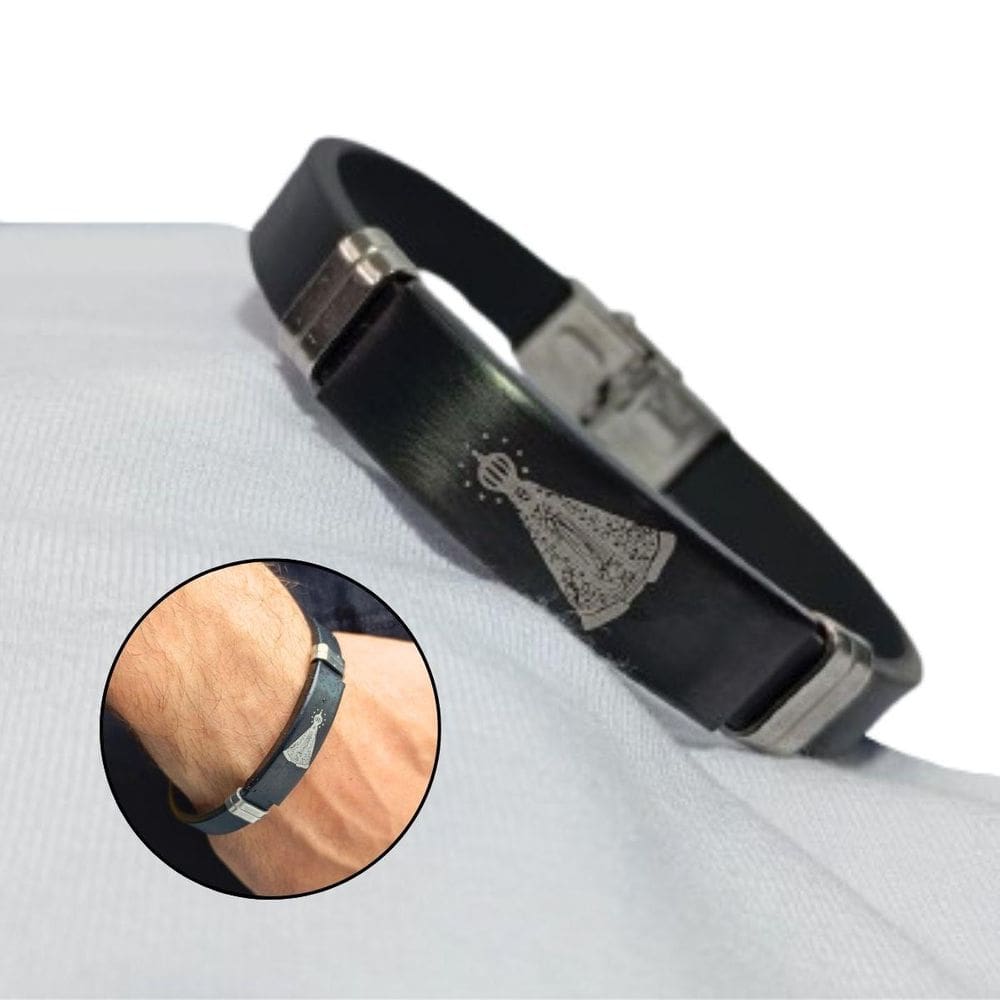 Pulseira Nossa Senhora Aço Inox Preta Unissex Versátil Basic