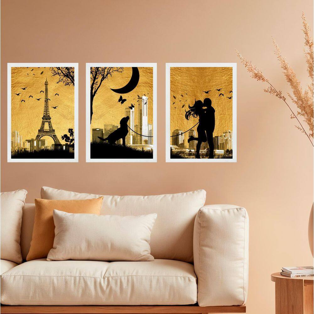 Kit 3 Quadros Decorativos Casal Cachorro Paris 45X34Cm Vidro