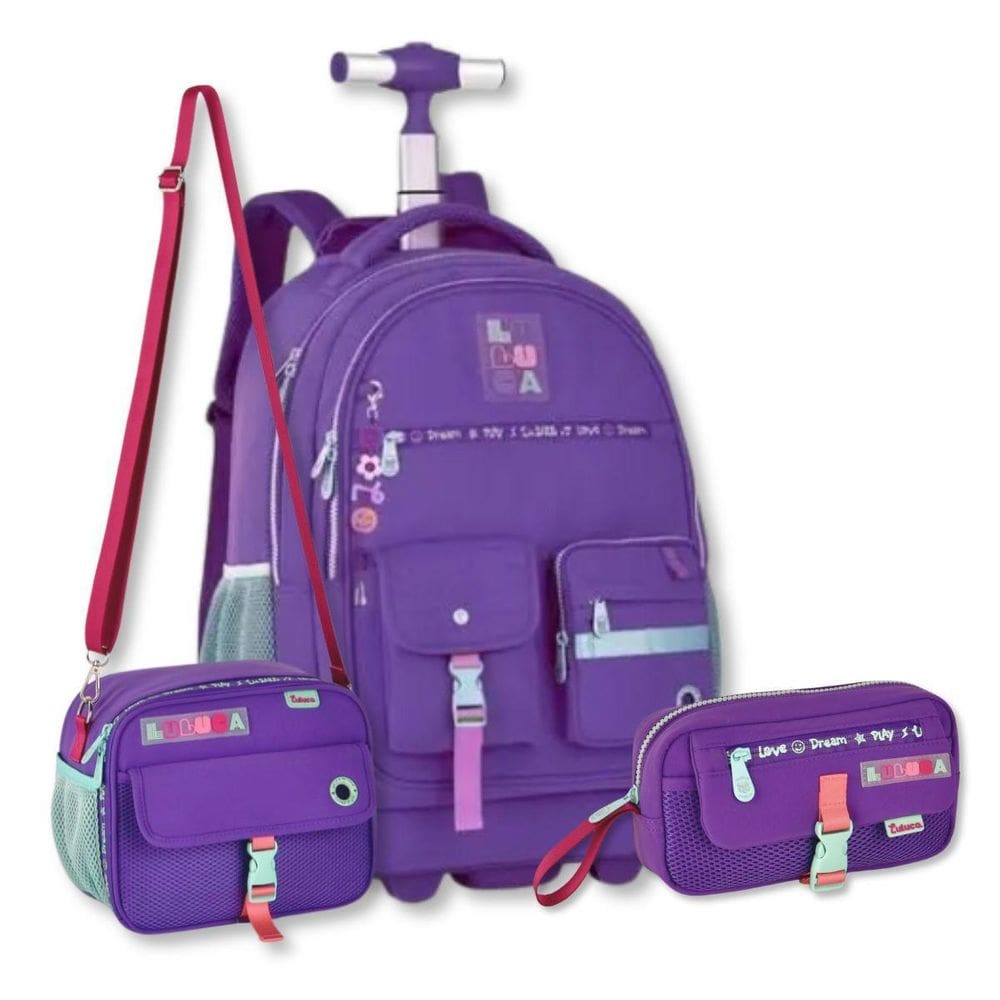 Kit Luluca Mochila Carrinho Com Lancheira Térmica E Estojo