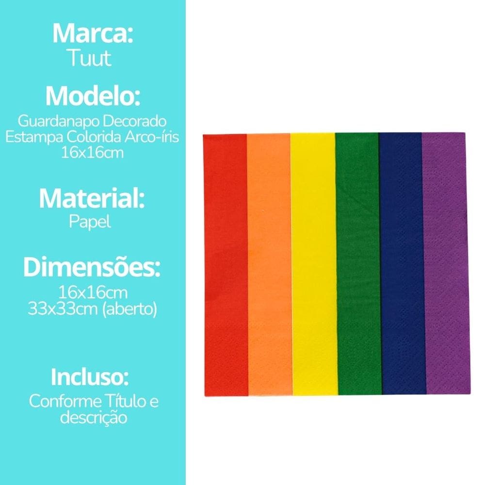 Kit Guardanapo Estampado Colorido Arco-íris 40 Folhas 16cm x 16cm - Tuut