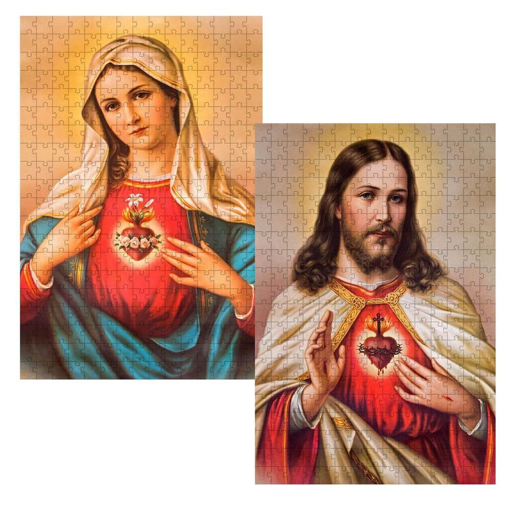 Kit 2 Quebra-Cabeça Religiosos Sagrado Coração Jesus E Maria