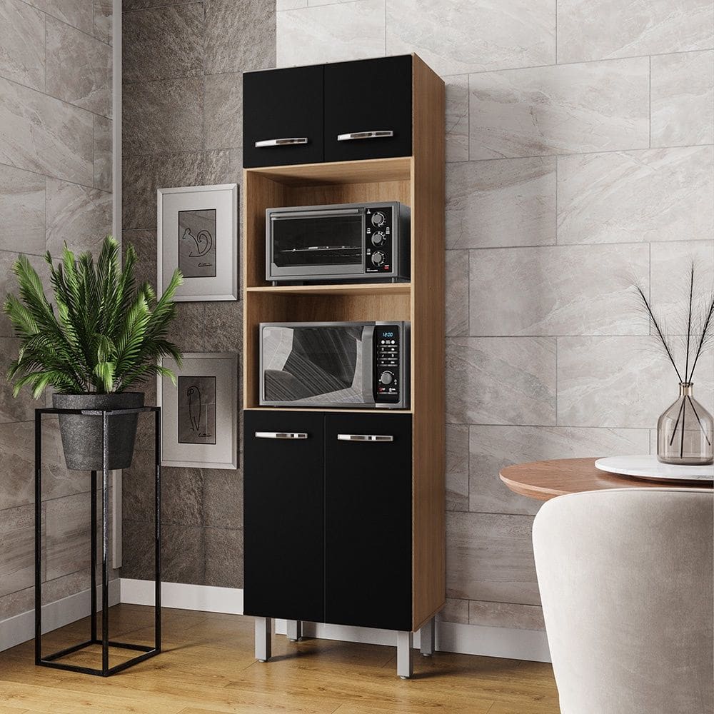 Armário Paneleiro Mara Para Cozinha Com 04 Portas Savana Preto Moblis