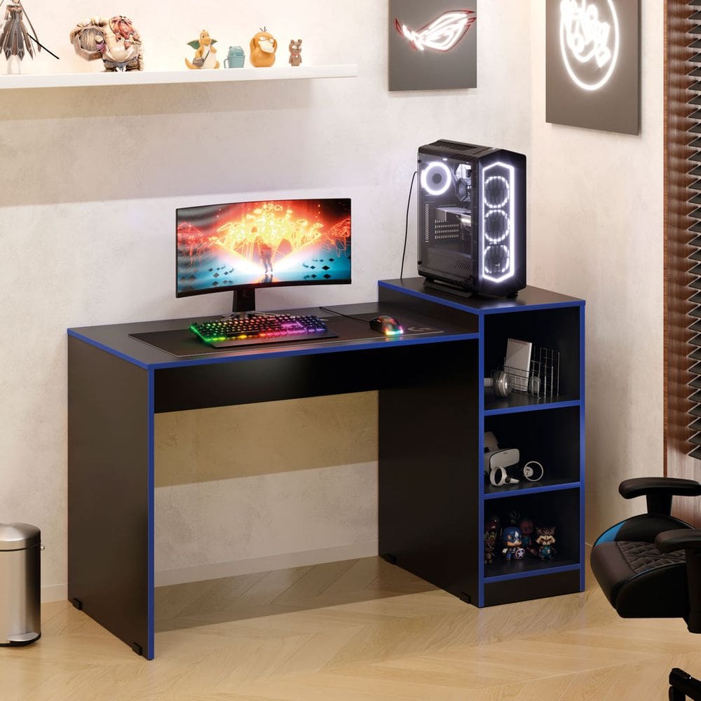 Mesa Gamer Zetra Escrivaninha com Nichos Azul e Preto