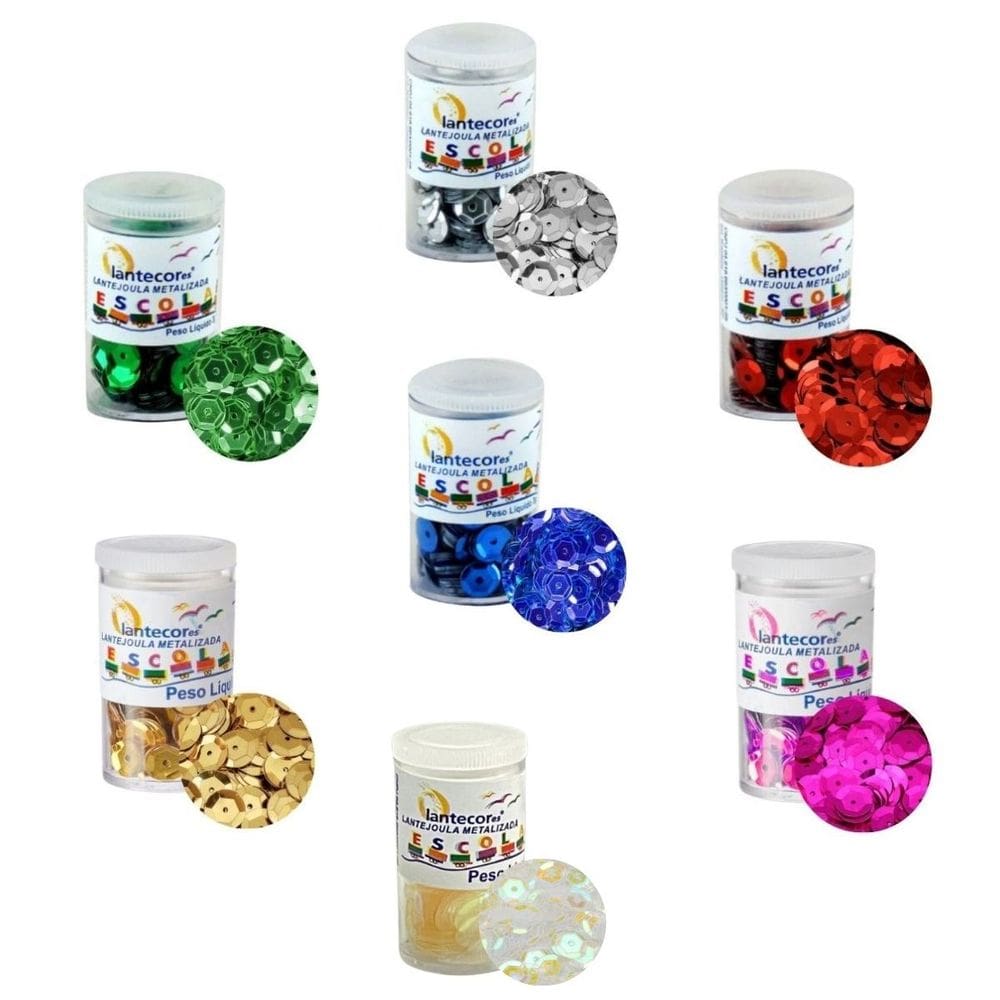 Kit 07 Lantejoulas Metalizada (10mm) Pote de 2g | Escolar | Artesanato Lantecor