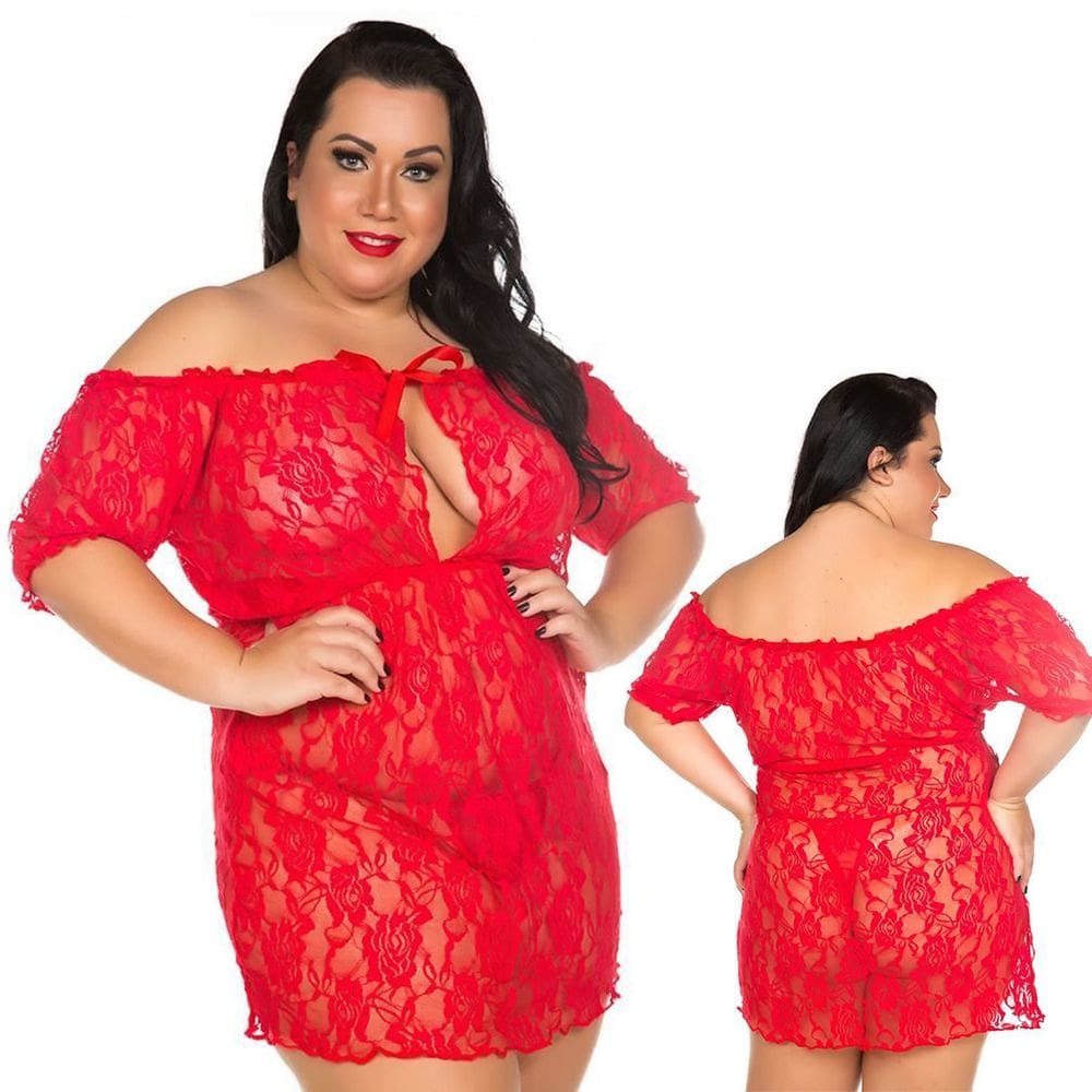Camisola Plus Size Ciganinha Renda Ombro a Ombro com Calcinha Lingerie Sexy e Sofisticada Para Momentos Especiais