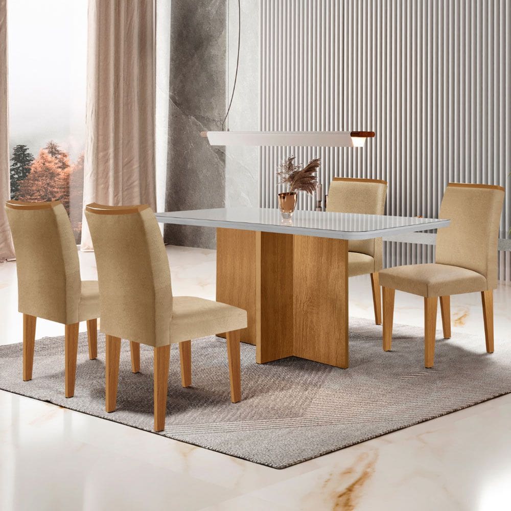 Mesa Berlim 120cm MDF Vidro Canto Copo com 4 Cadeiras Lunara Rufato