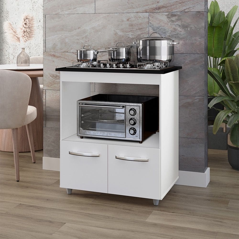 Balcão Gabinete de Cozinha Para Fogão Cooktop e Forno Micro-ondas Elisa Branco Moblis