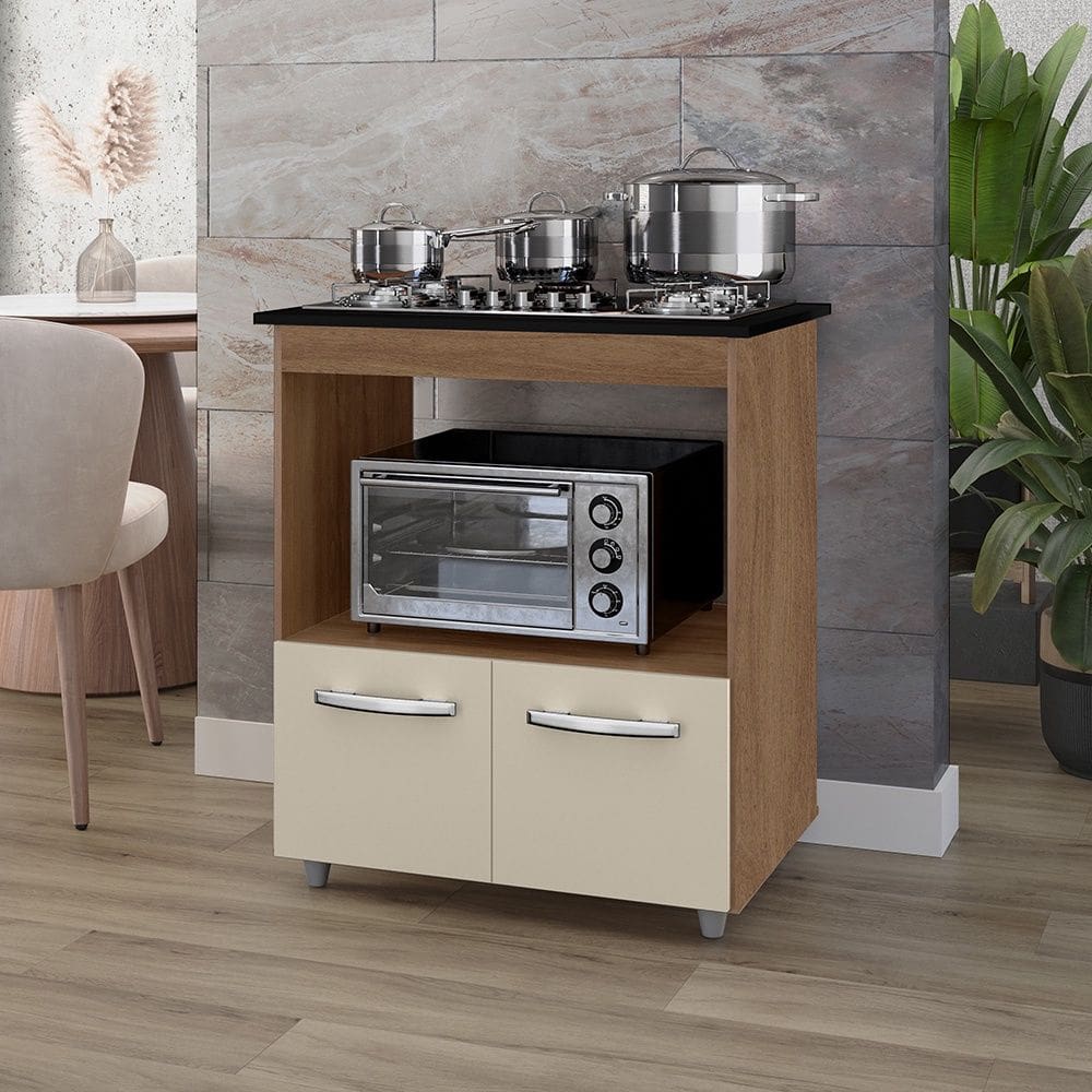 Balcão Gabinete de Cozinha Para Fogão Cooktop e Forno Micro-ondas Elisa Savana Off White Moblis